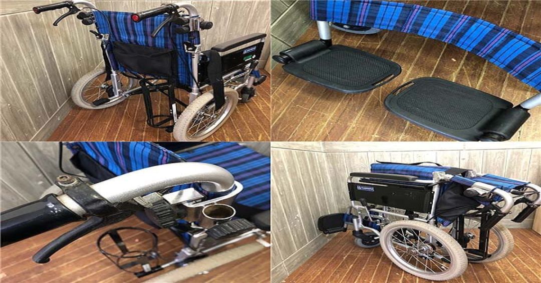 介助式車椅子　カワムラサイクル　ブルー　チェック　酸素ボンベ入れ付き　kawamura　介助用車イス　手押し