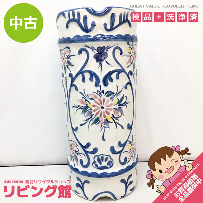  陶器製 傘立て ホワイト ブルー×ピンク 花 絵付け 洋風 玄関 雨具入れ カサ