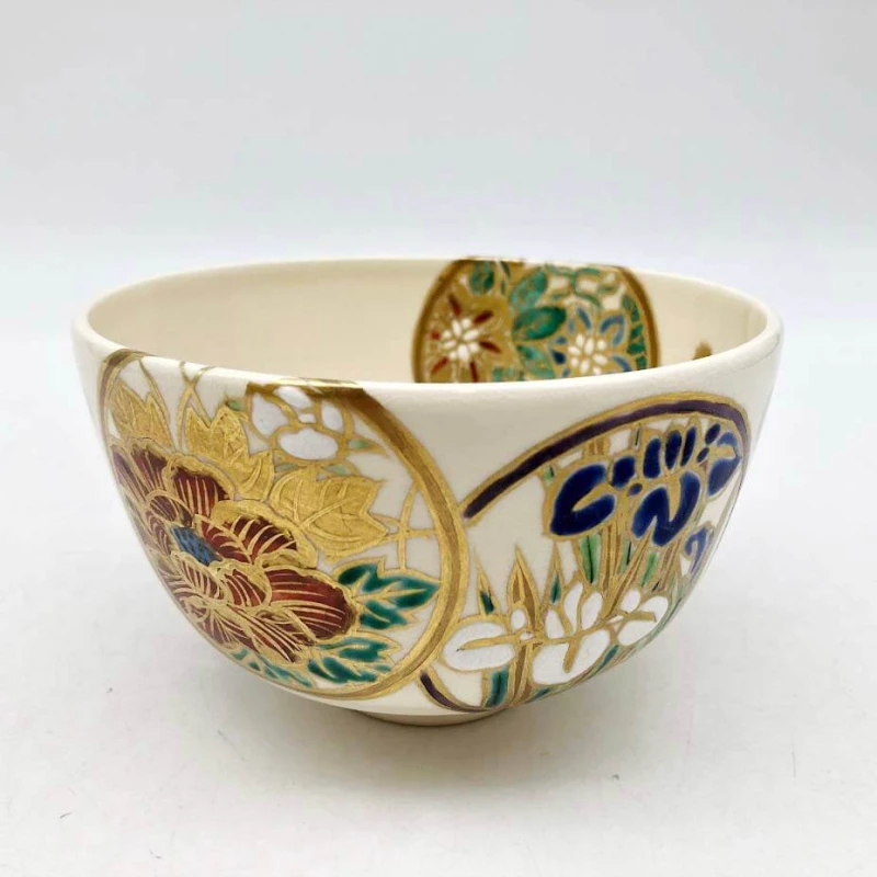 宮川香林作 茶碗 丸紋草花 共箱入 陶器製 茶碗 絵付け 金彩 茶道具 抹茶茶碗 抹茶椀