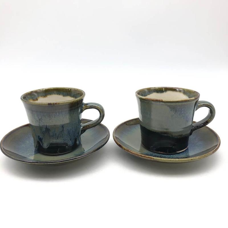 こぶ志焼 コーヒーカップ プレート 2客セット 海鼠釉 カップ＆ソーサー c/s 青系 陶器 珈琲 菓子皿 銘々皿 和食器