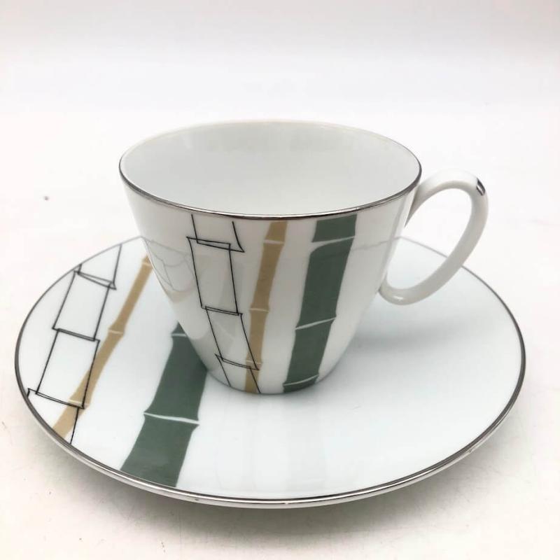 ノリタケ カップ＆ソーサー 2客セット 白地 竹模様 Noritake C/S ホワイト×シルバー