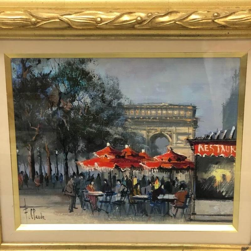 額装 クロード がいせん門近くのカフェ 油彩画 F3 直筆サイン入り F.Claude 油絵