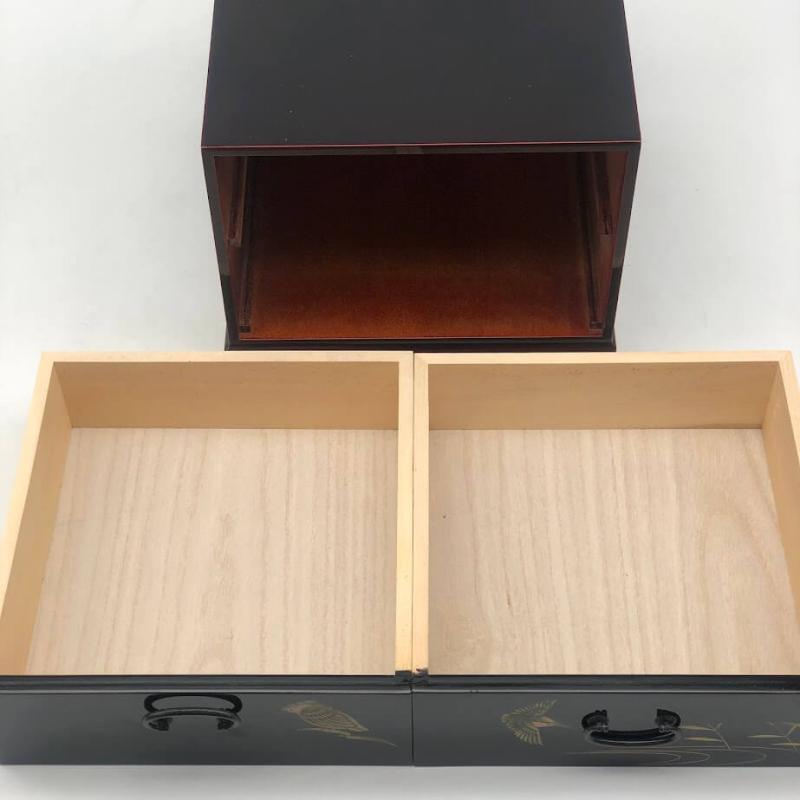 漆塗り ミニチェスト 2段 黒 和風 卓上 小箪笥 漆器 小物入れ 和小物 鳥 絵付け 木製