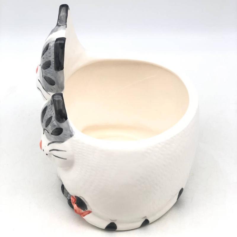 猫の鉢カバー 陶器鉢 高さ22cm 猫型 白×グレー ファンシー フラワーポット プランター かわいい
