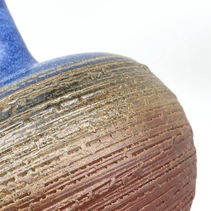常滑焼 加藤嘉明作 壺 花瓶 ブルー×ブラウン 共箱付 陶器 花器 一輪挿し 青×茶 フラワーベース 和風