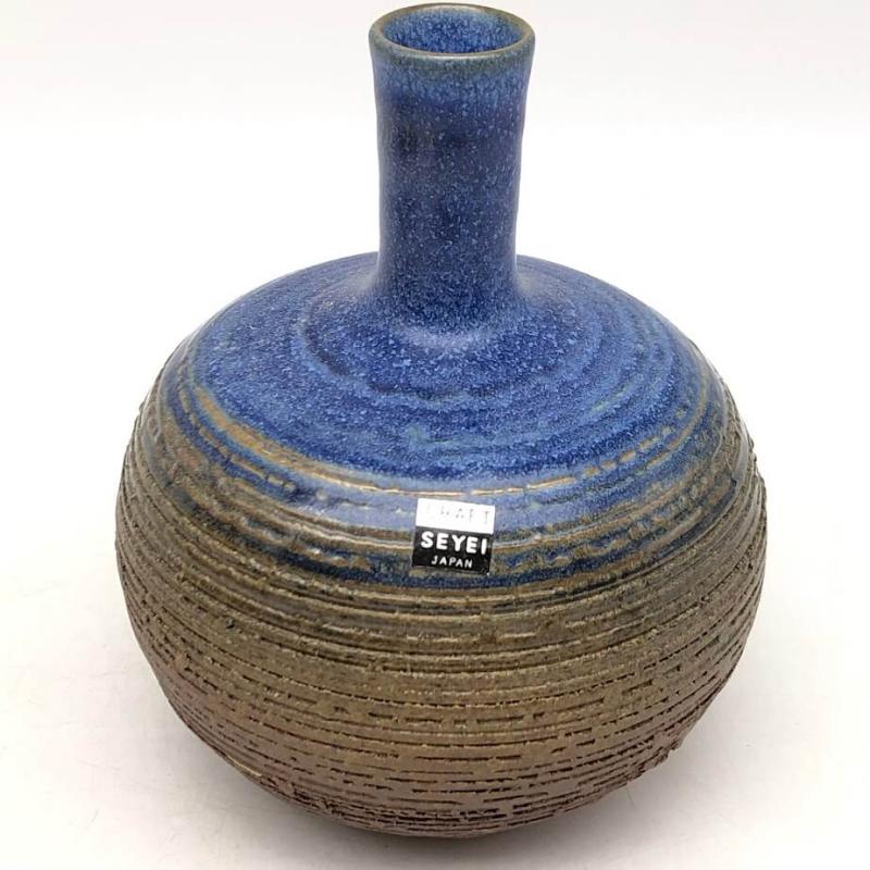 常滑焼 加藤嘉明作 壺 花瓶 ブルー×ブラウン 共箱付 陶器 花器 一輪挿し 青×茶 フラワーベース 和風