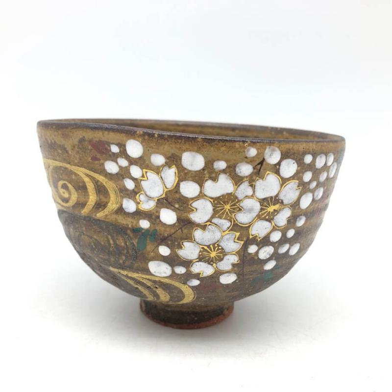 中村与平作 茶碗 桜流水 元箱入 陶器製 伊羅保茶碗 茶道具 抹茶茶碗 抹茶椀