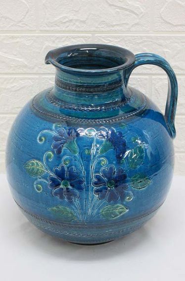陶器製　花瓶　水差し型　イタリア製　青
