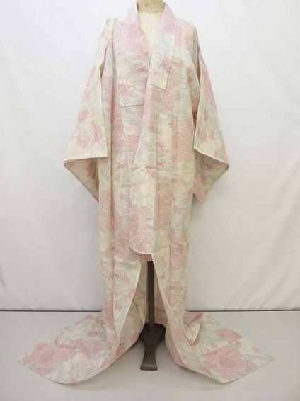着物　白×ピンク　花模様　夏用　透け感　和服