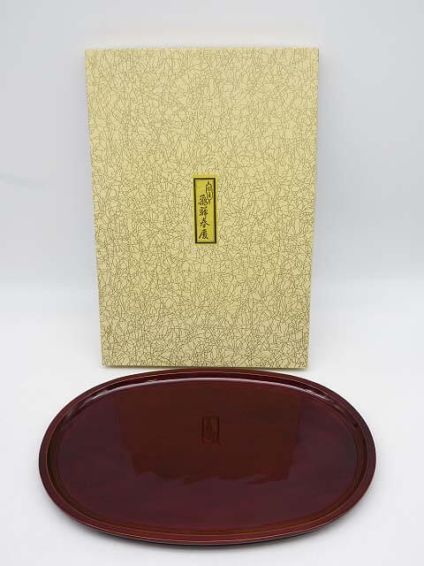 飛騨春慶塗　お盆　楕円型　赤茶　木製　漆器　伝統工芸品