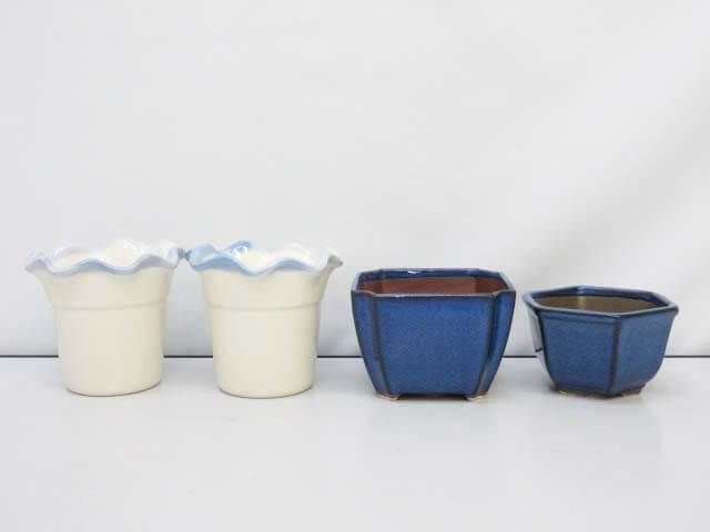 ミニ植木鉢　ブルー系　3号　4個セット　陶器製　青系　フラワーポット　陶器鉢　丸型　プランター